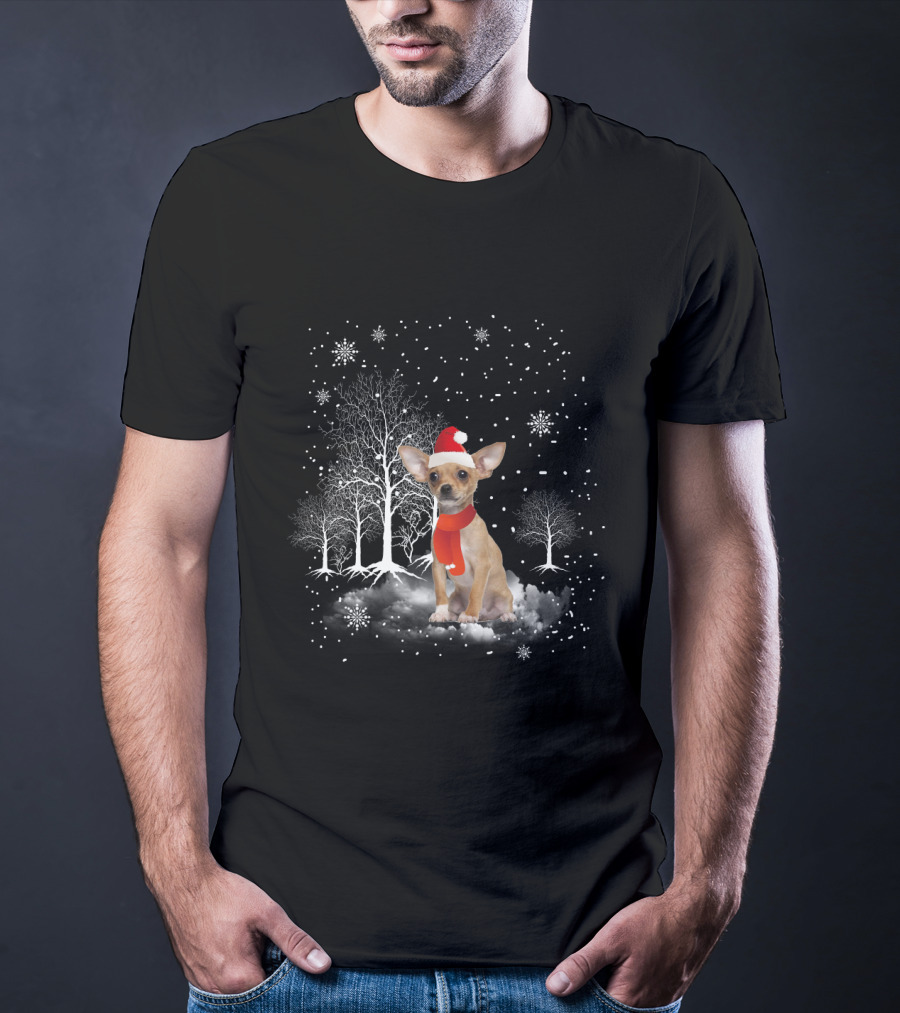 Chihuahua In Santa Hat With Snowflakes And Trees In Winter Wonderland T-Shirt