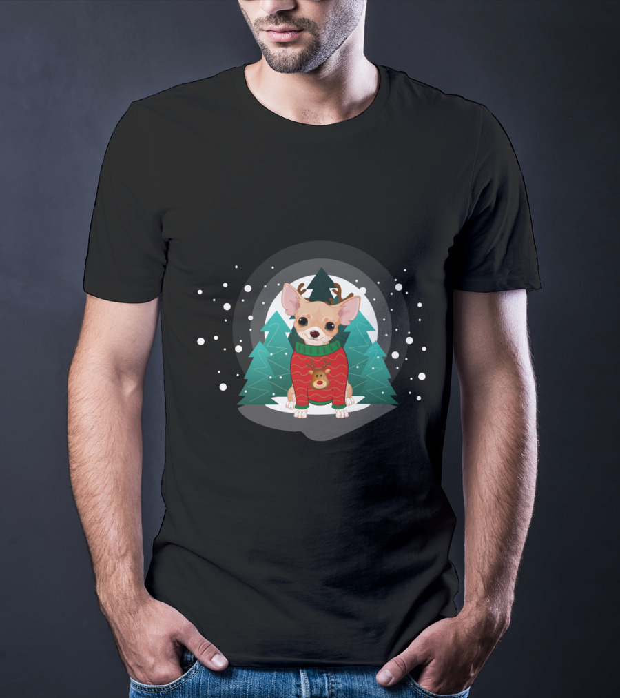 Chihuahua Terrier Wearing Christmas Sweater Snowflake Forest Scene T-Shirt