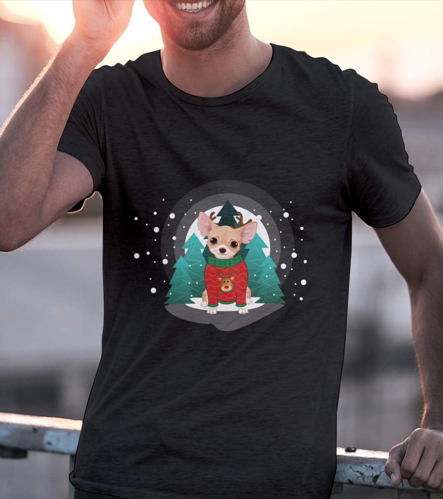 Chihuahua Terrier Wearing Christmas Sweater Snowflake Forest Scene T-Shirt