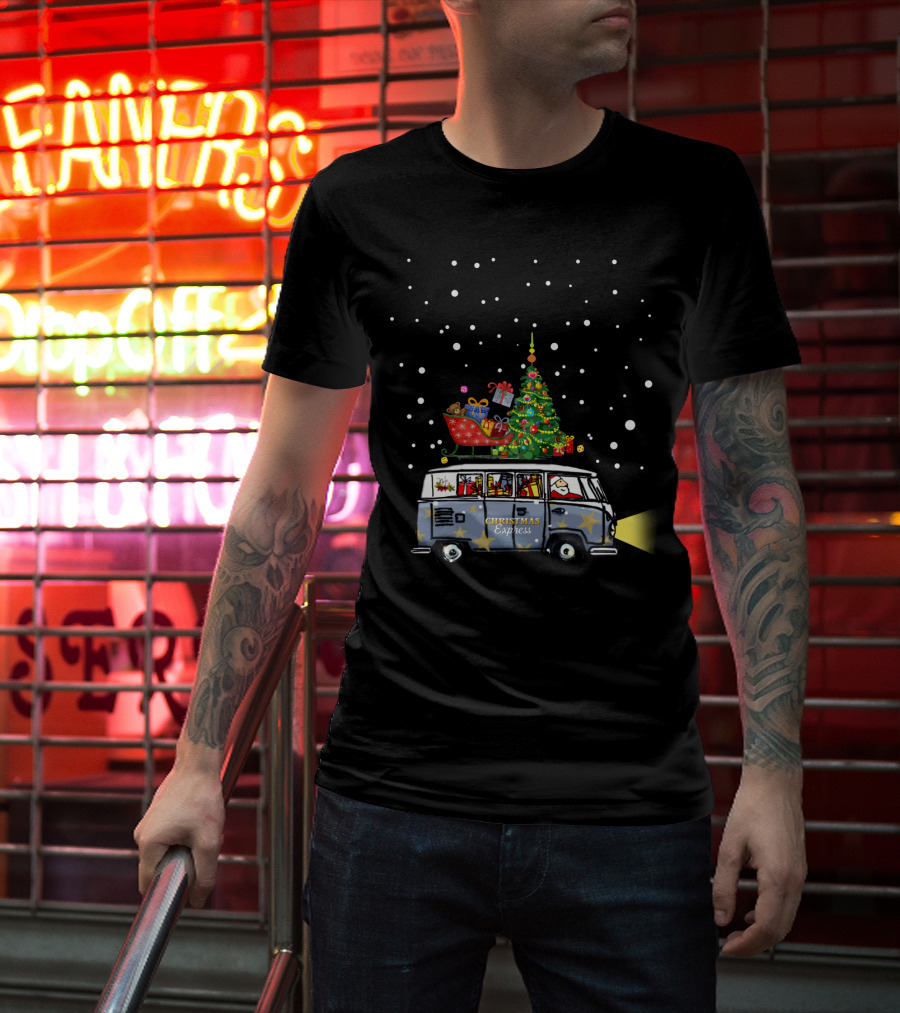 Christmas Express Van With Christmas Tree And Santa In Snowy Scene T-Shirt