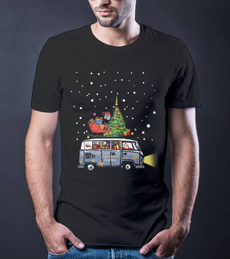 Christmas Express Van With Christmas Tree And Santa In Snowy Scene T-Shirt