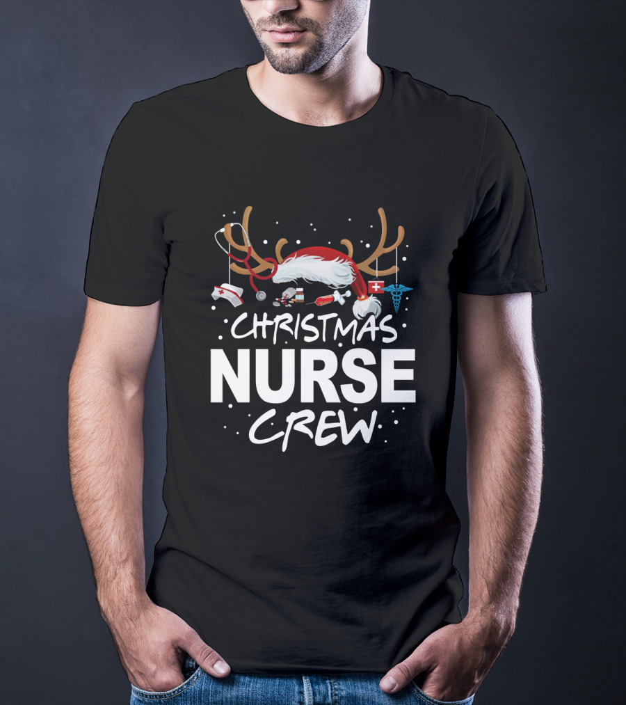 Christmas Nurse Crew With Santa Hat, Stethoscope, And Medical Icons T-Shirt