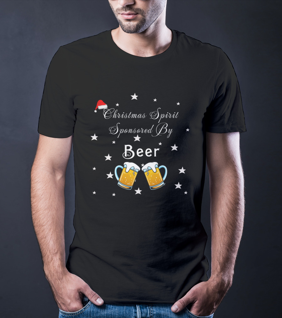 Christmas Spirit Sponsored By Beer With Santa Hat And Star Motif Featuring Beer Mugs T-Shirt