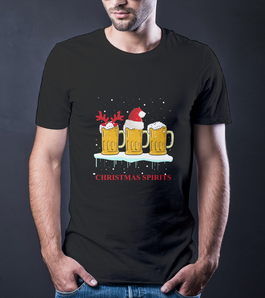 Christmas Spirits Beer Festive Mug Trio With Santa Hat And Reindeer Antlers T-Shirt