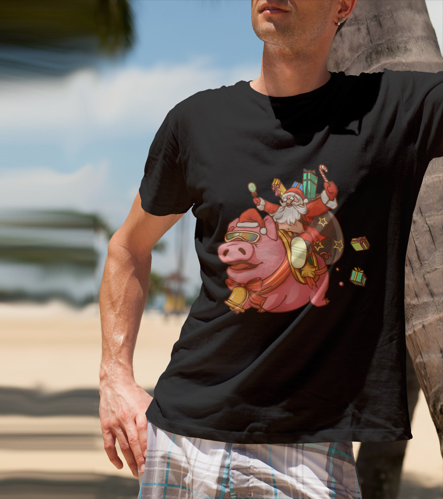 Santa Claus Riding Pig With Candy Canes And Christmas Gifts T-Shirt