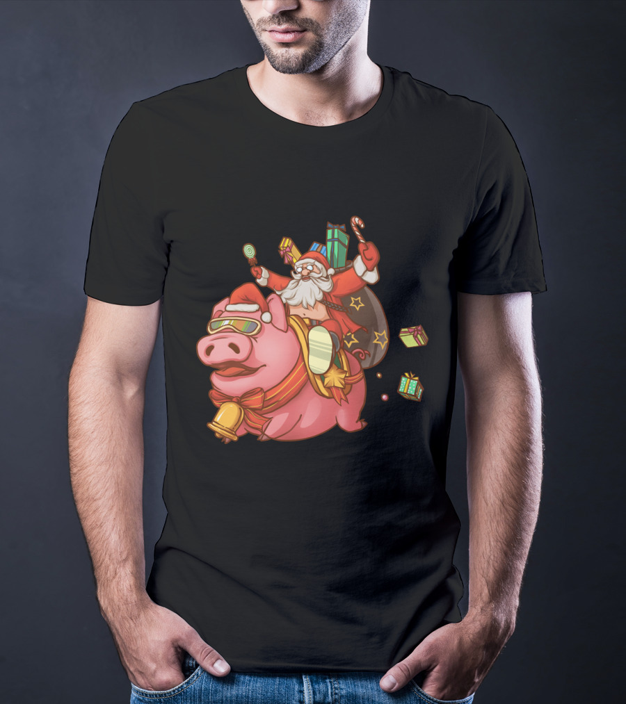 Santa Claus Riding Pig With Candy Canes And Christmas Gifts T-Shirt