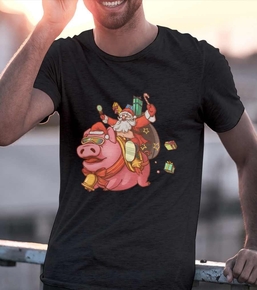 Santa Claus Riding Pig With Candy Canes And Christmas Gifts T-Shirt