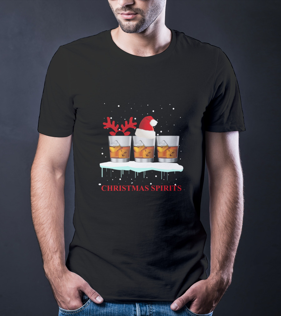 Christmas Spirits Whisky Glasses With Santa Hat And Reindeer Antlers T-Shirt
