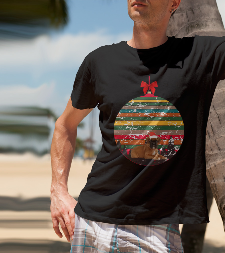Christmas Vintage Boxer Puppy In Santa Hat Ornament With Stripes And Trees T-Shirt