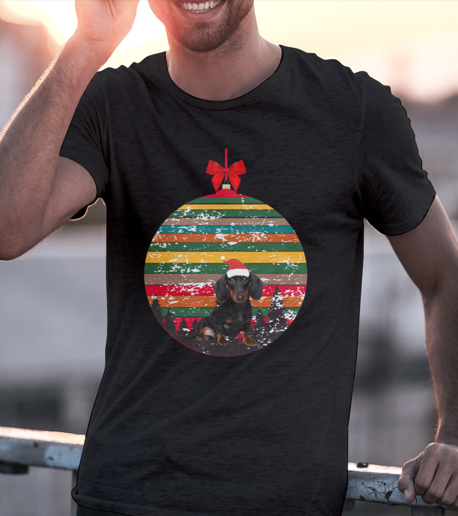 Christmas Dachshund In Vintage Festive Ornament With Santa Hat And Striped T-Shirt