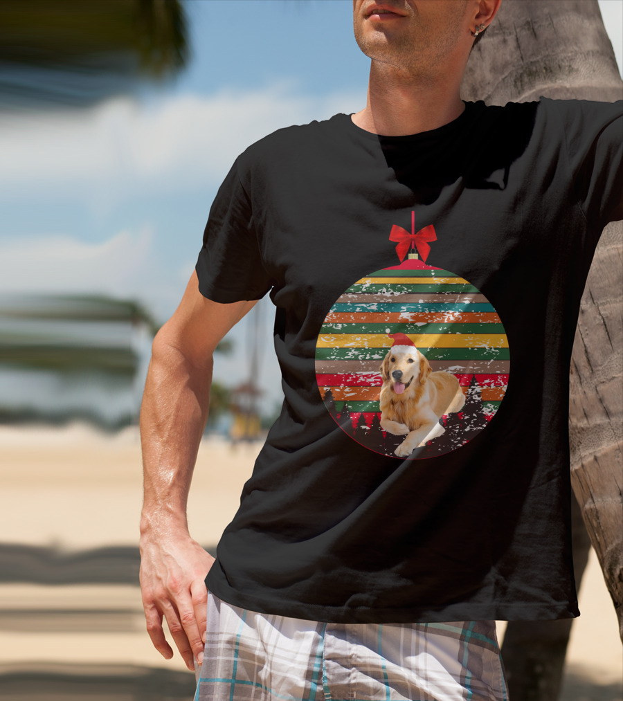 Christmas Vintage Golden Retriever Ornament With Santa Hat And Colorful Stripes T-Shirt