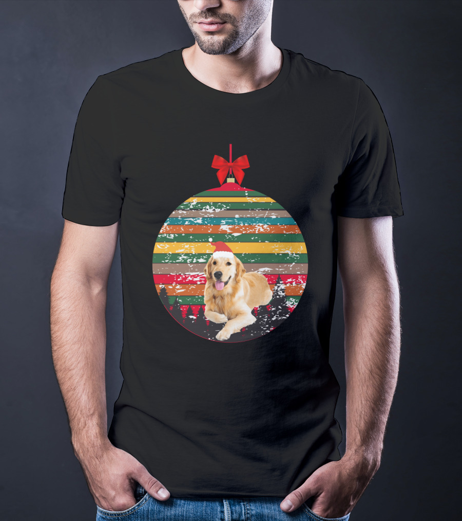 Christmas Vintage Golden Retriever Ornament With Santa Hat And Colorful Stripes T-Shirt