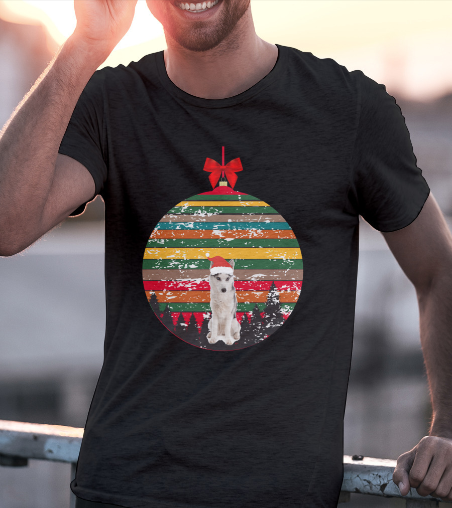 Christmas Husky With Santa Hat And Vintage Ornament Stripes T-Shirt