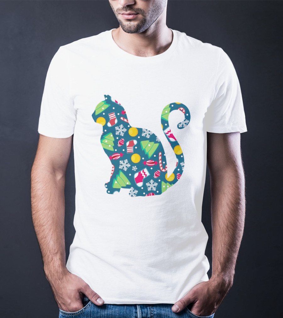 Christmas Cat Silhouette With Festive Trees And Ornaments T-Shirt