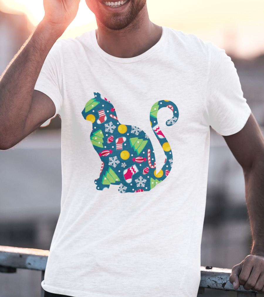Christmas Cat Silhouette With Festive Trees And Ornaments T-Shirt