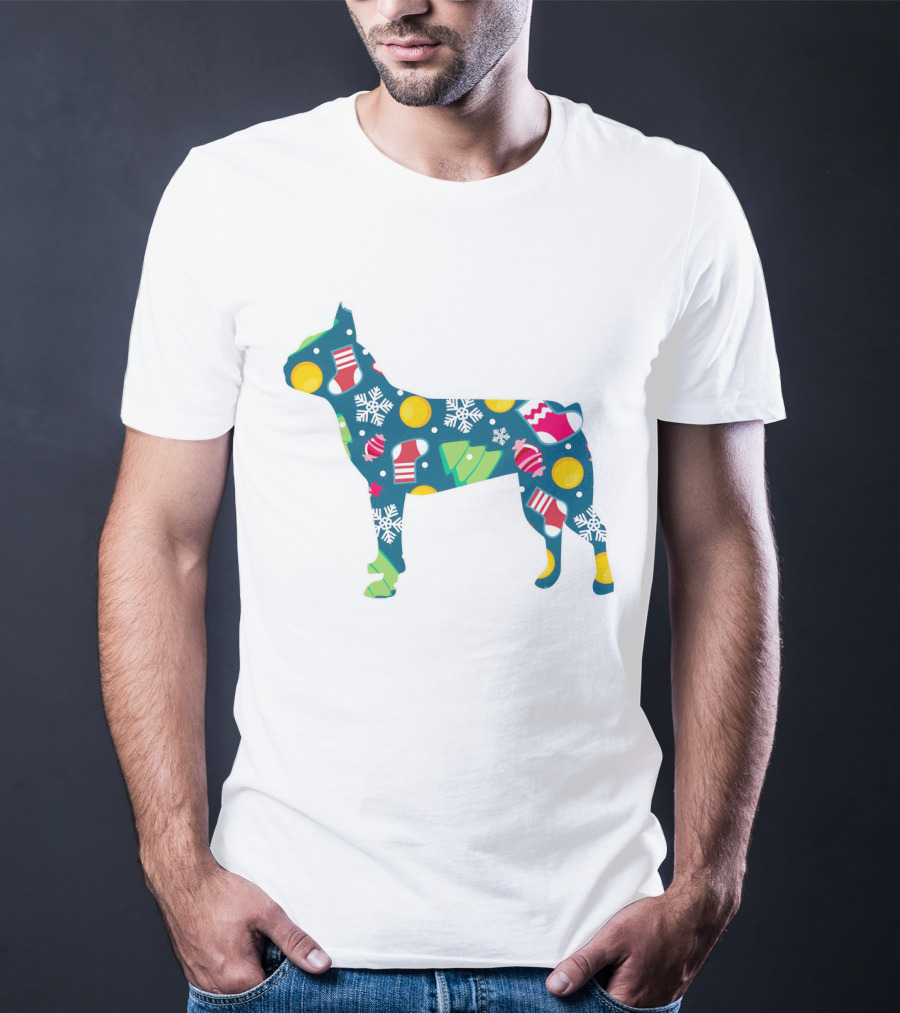 Festive Boston Terrier Dog Lover Christmas Pattern With Snowflakes And Ornaments T-Shirt