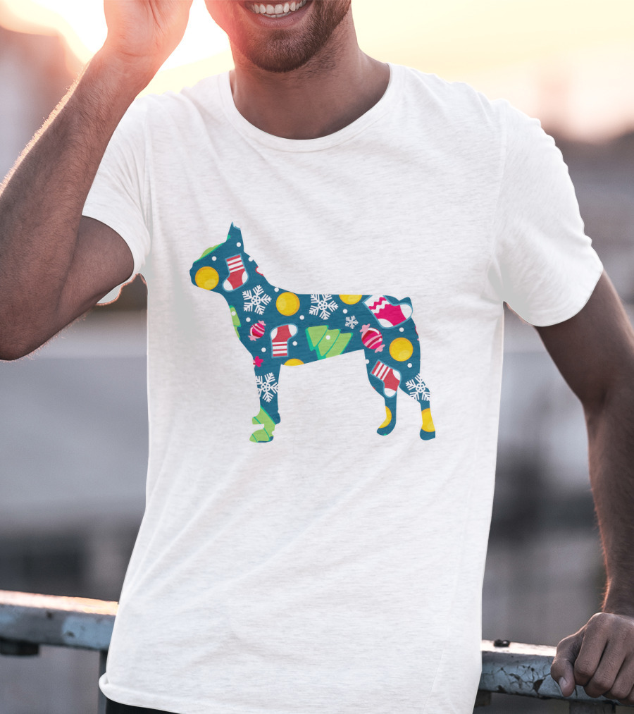 Festive Boston Terrier Dog Lover Christmas Pattern With Snowflakes And Ornaments T-Shirt
