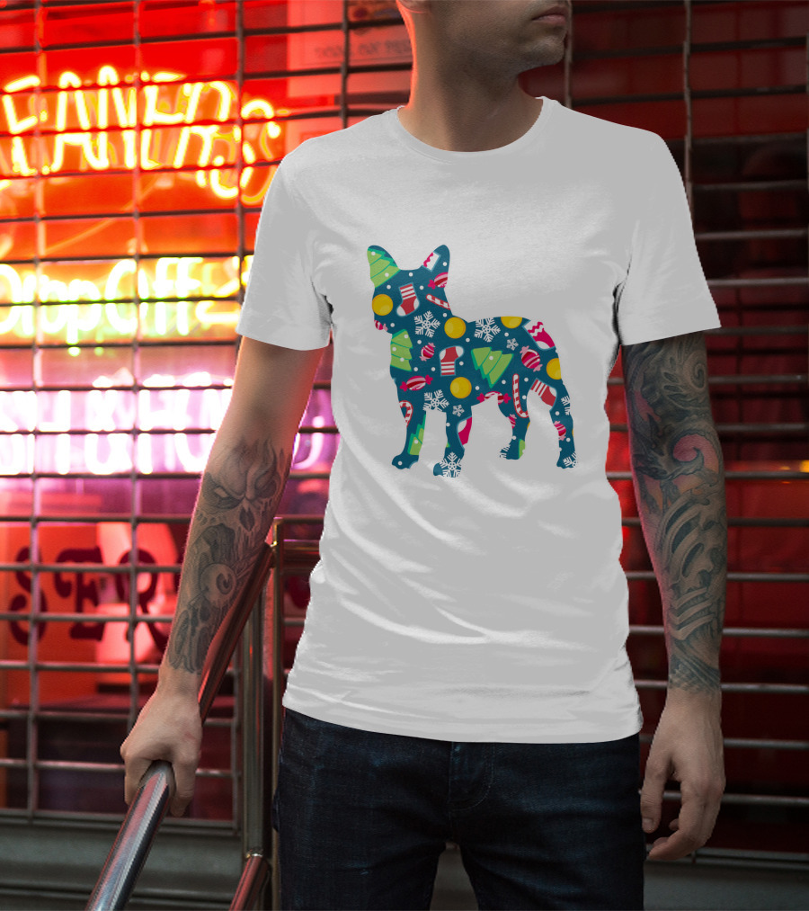 Dog Lover Christmas Frenchie Bulldog Pattern With Holiday Decorations T-Shirt