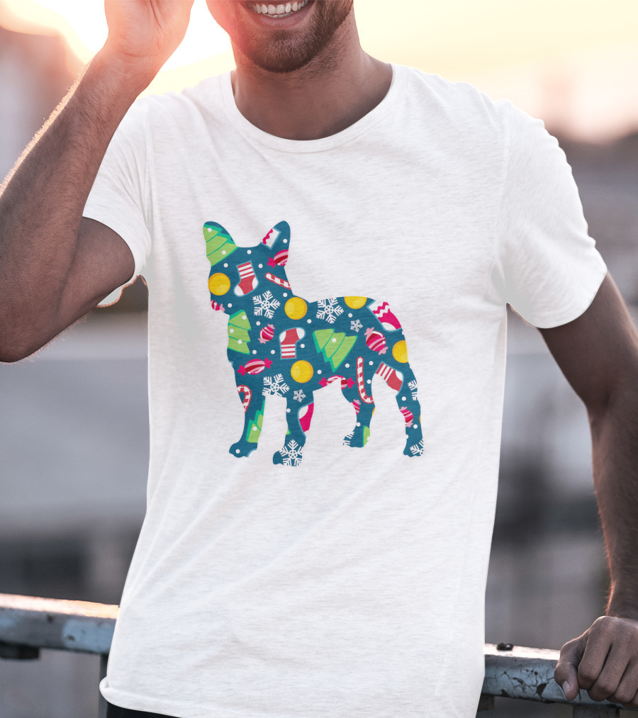 Dog Lover Christmas Frenchie Bulldog Pattern With Holiday Decorations T-Shirt