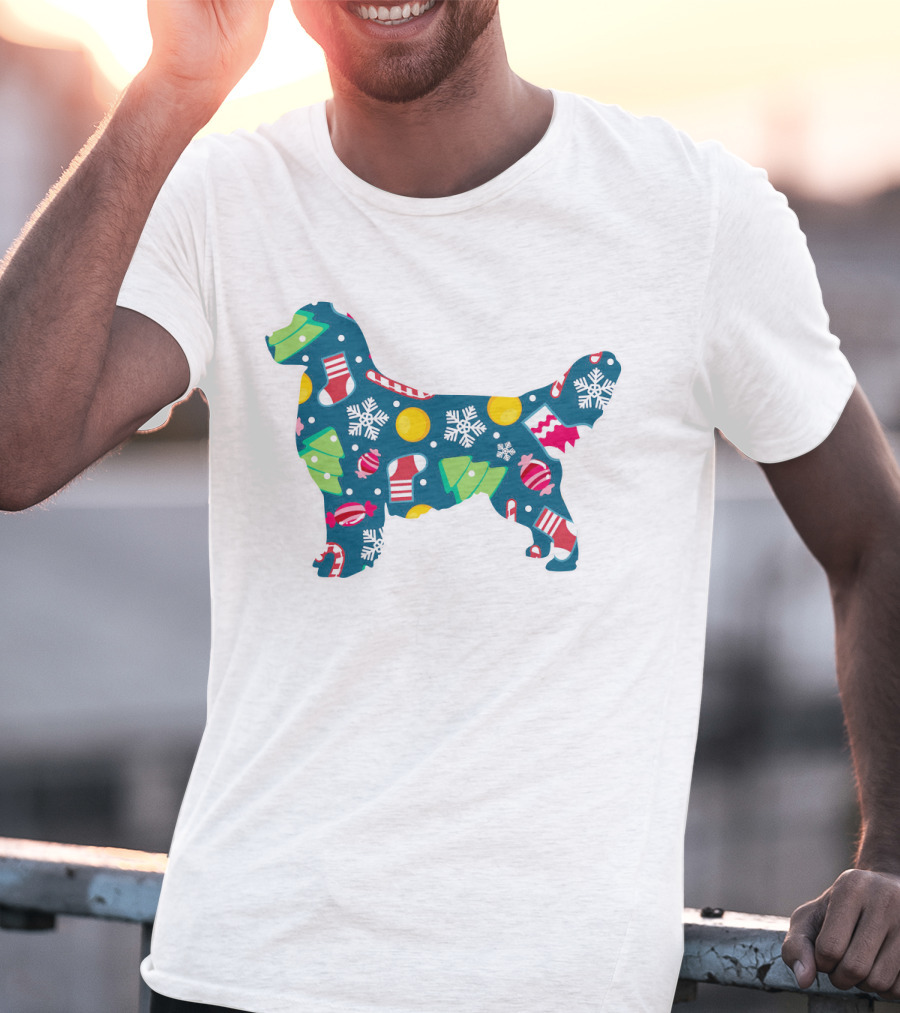 Golden Retriever Christmas Pattern With Snowflakes, Trees, Ornaments, And Stockings For Dog Lovers T-Shirt