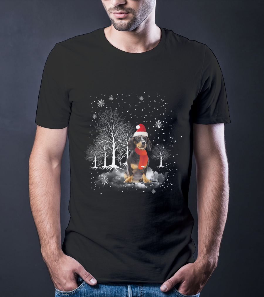 Dachshund Retriever In Santa Hat With Snowflakes And Winter Trees T-Shirt