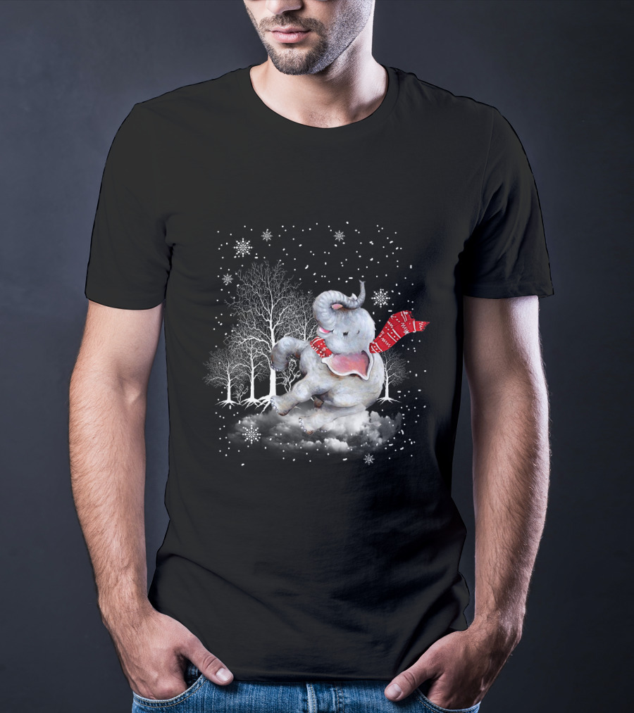 Elephant Christmas Snowflake Scarf Winter Forest Scene T-Shirt