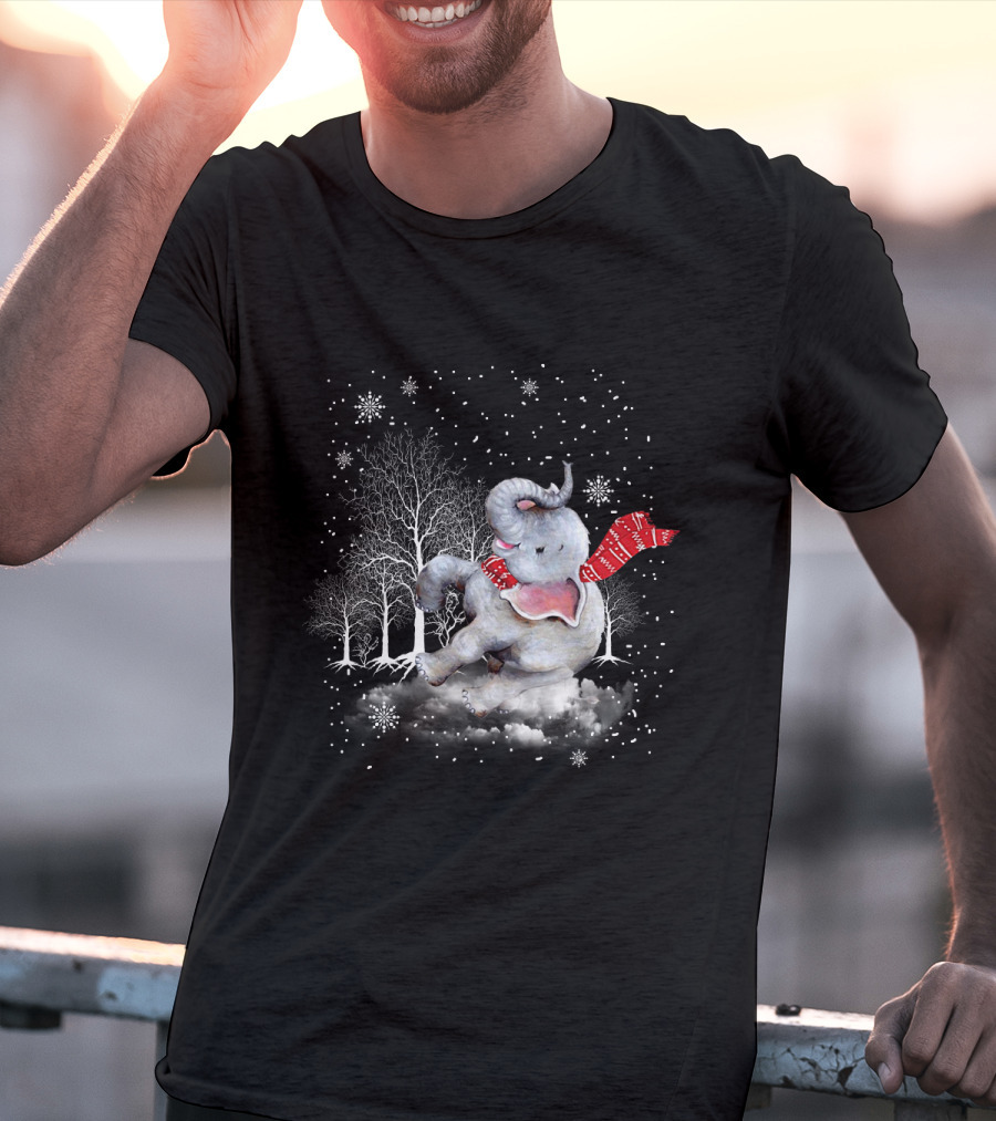 Elephant Christmas Snowflake Scarf Winter Forest Scene T-Shirt