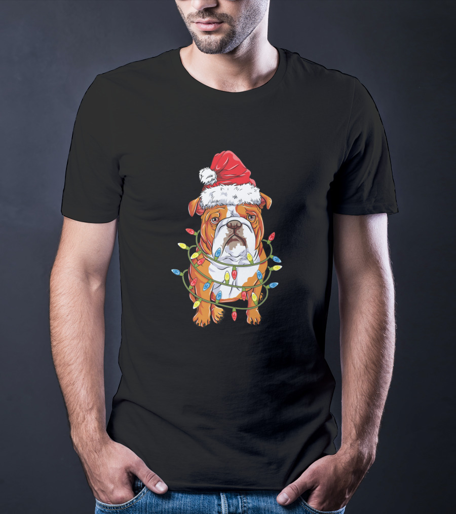 English Bulldog Christmas Santa Hat Festive Lights T-Shirt