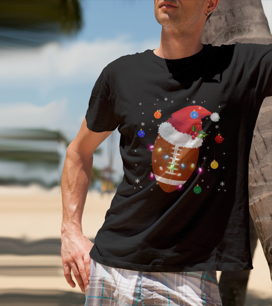 Christmas Football Santa Hat Ornaments Lights T-Shirt