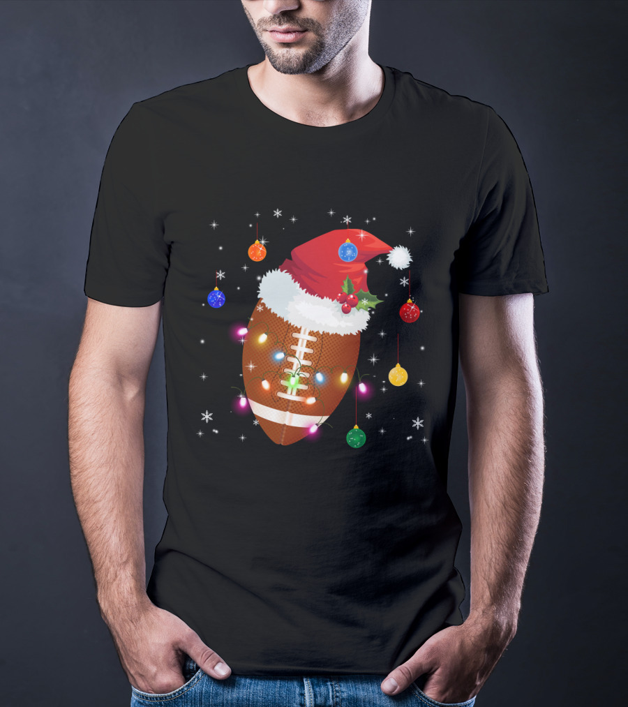 Christmas Football Santa Hat Ornaments Lights T-Shirt