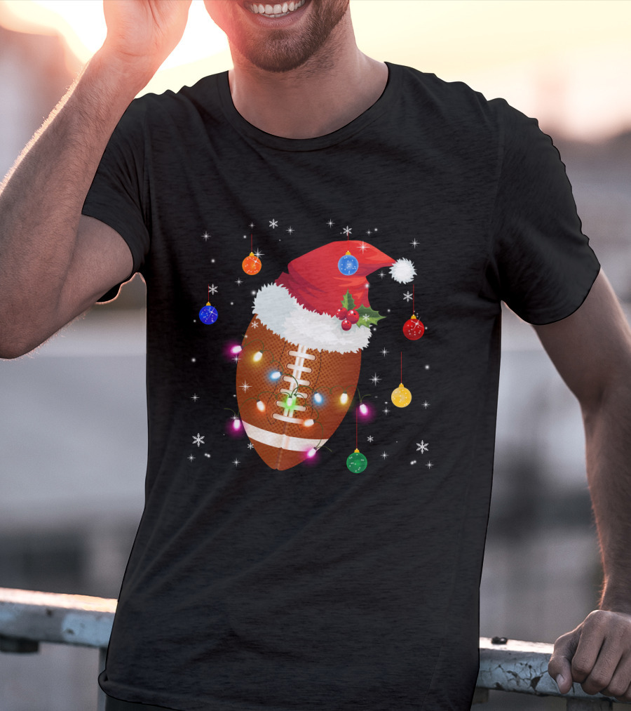 Christmas Football Santa Hat Ornaments Lights T-Shirt
