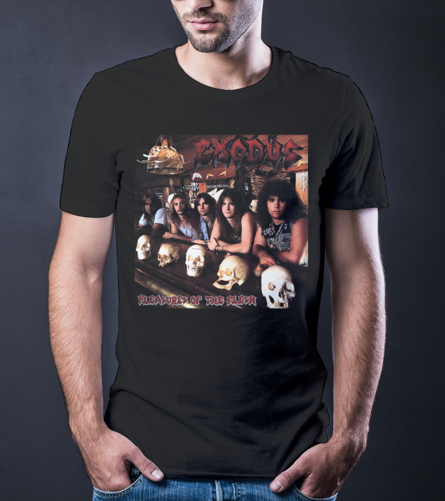Exodus Pleasures Of The Flesh Album Cover With Band Members And Skulls T-Shirt