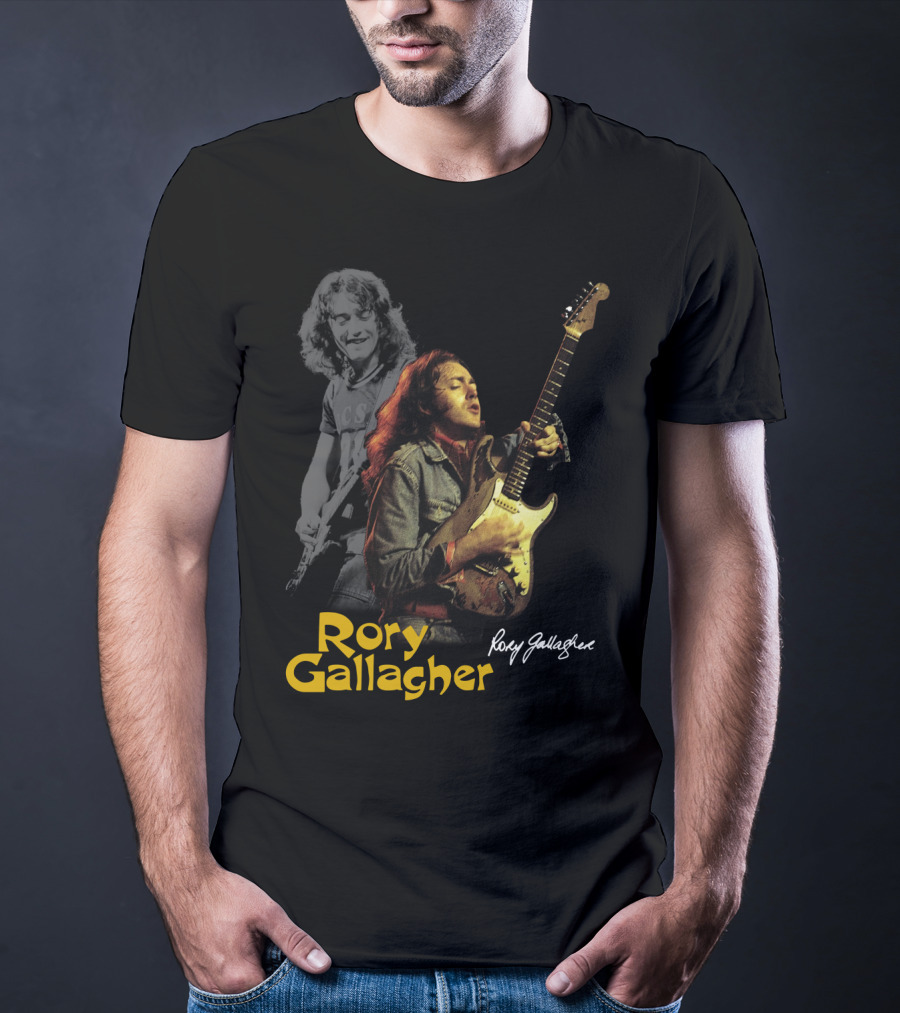 Rory Gallagher Playing Electric Guitar With Signature T-Shirt