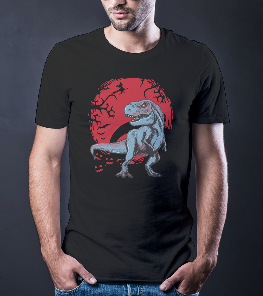 Halloween Dinosaurs T-Rex Red Moon With Witch And Bats T-Shirt