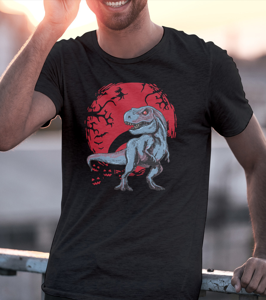 Halloween Dinosaurs T-Rex Red Moon With Witch And Bats T-Shirt