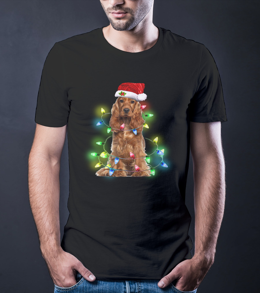 Cocker Spaniel Christmas Santa Hat Wrapped In Colorful Holiday Lights T-Shirt