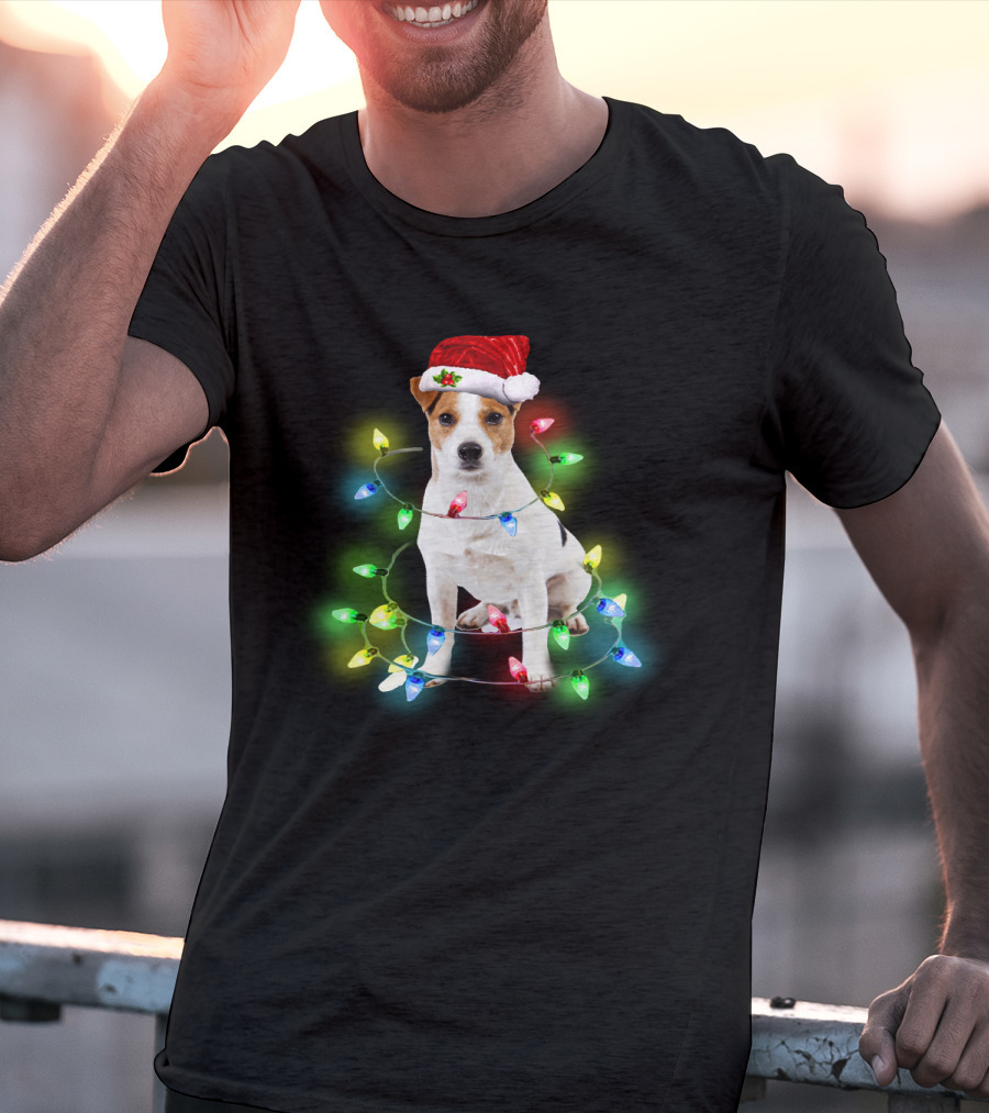 Jack Russell Terrier Holiday Lights Festive Santa Hat T-Shirt