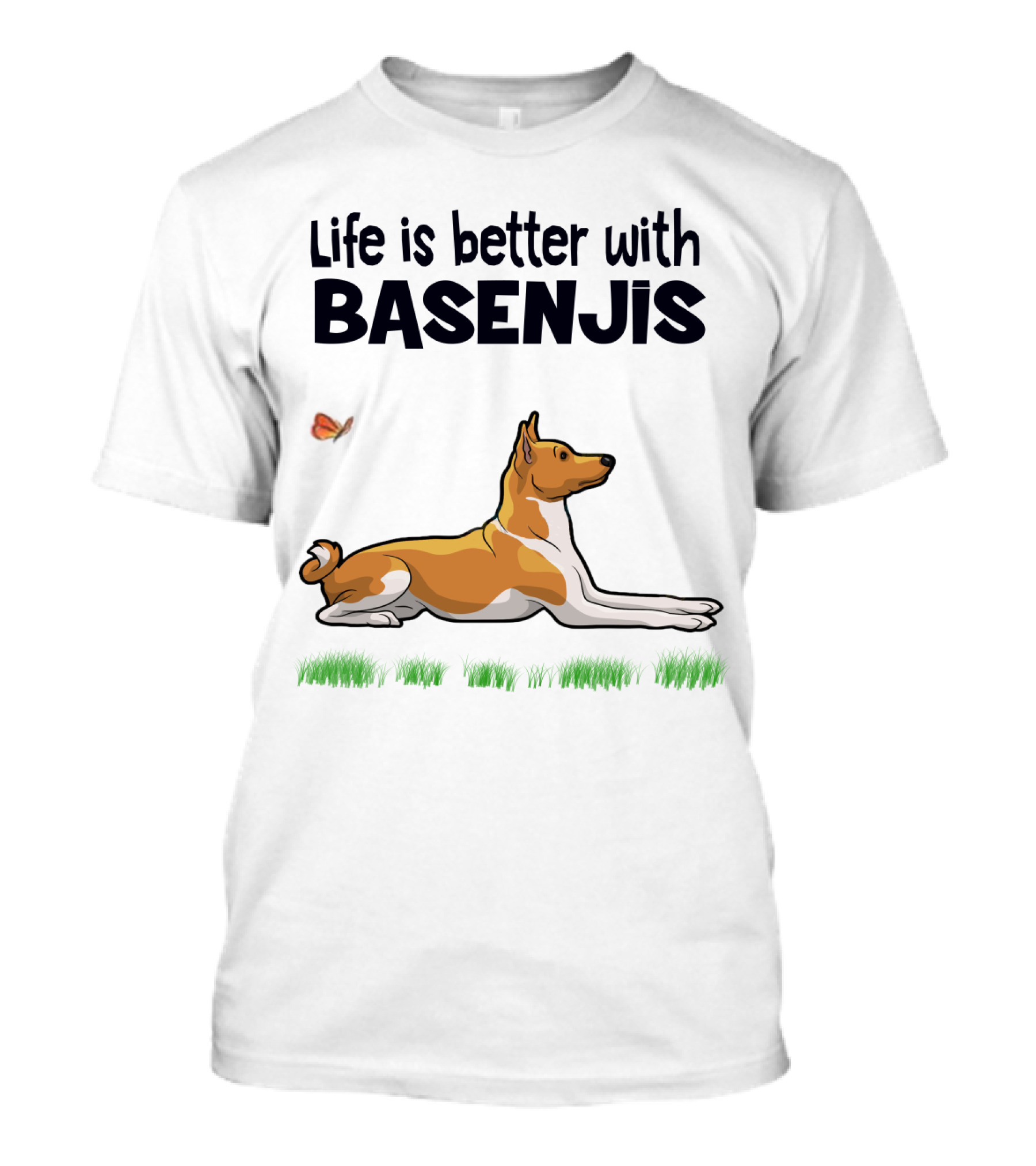 Life Is Better With Basenjis Dog 70s Retro Style Laying On Grass With Butterfly T-Shirt