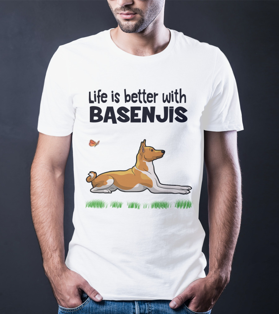 Life Is Better With Basenjis Dog 70s Retro Style Laying On Grass With Butterfly T-Shirt
