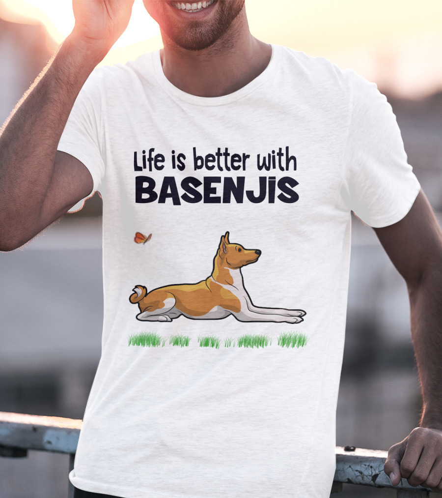 Life Is Better With Basenjis Dog 70s Retro Style Laying On Grass With Butterfly T-Shirt