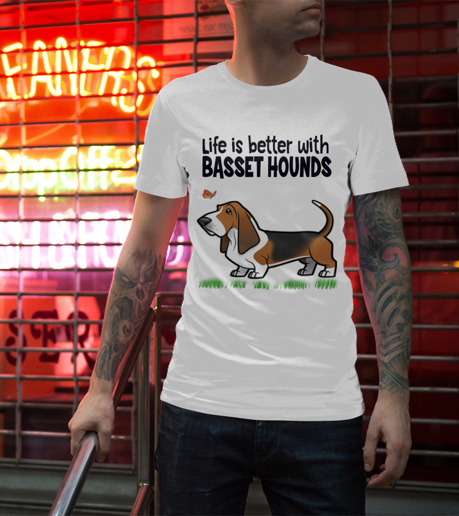 Life Is Better With Basset Hounds Butterfly And Dog Graphics On Grass T-Shirt