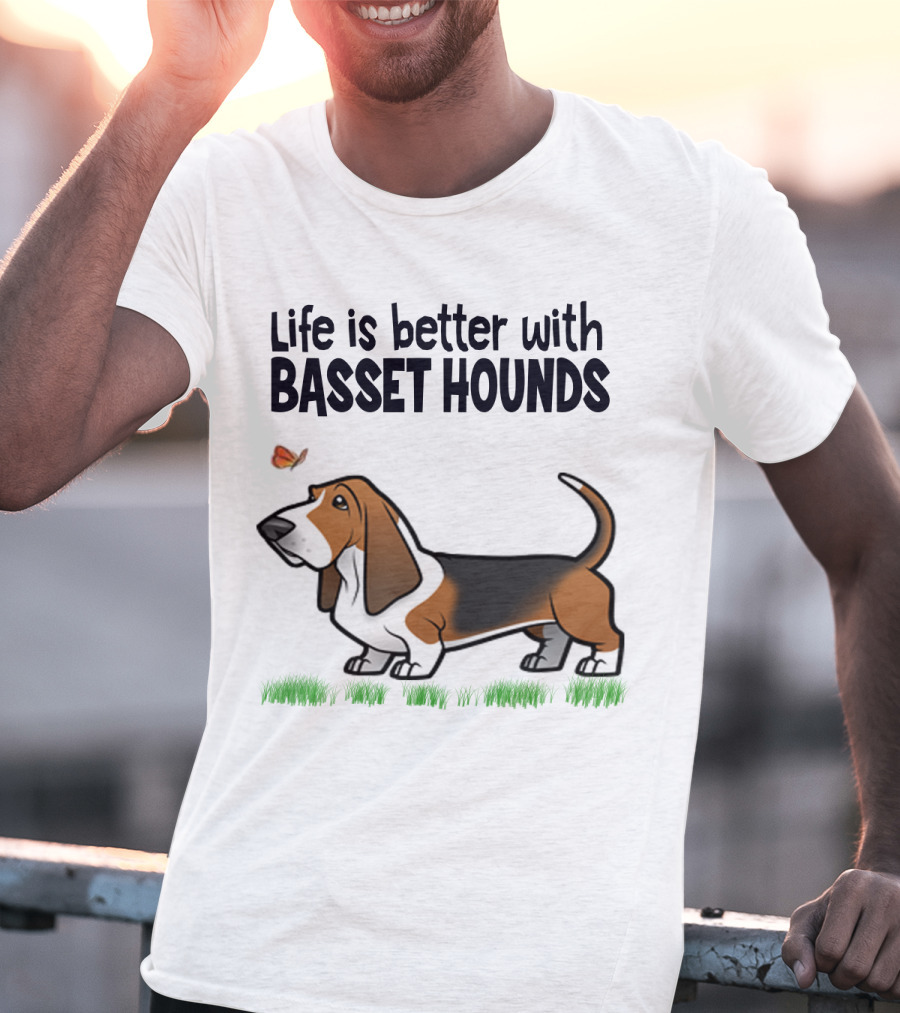 Life Is Better With Basset Hounds Butterfly And Dog Graphics On Grass T-Shirt