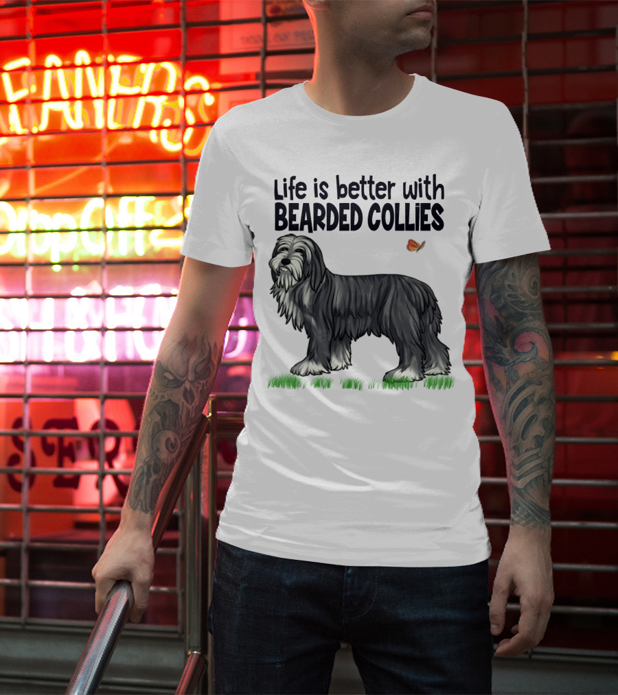 Life Is Better With Bearded Collies Illustration With Butterfly And Grass T-Shirt