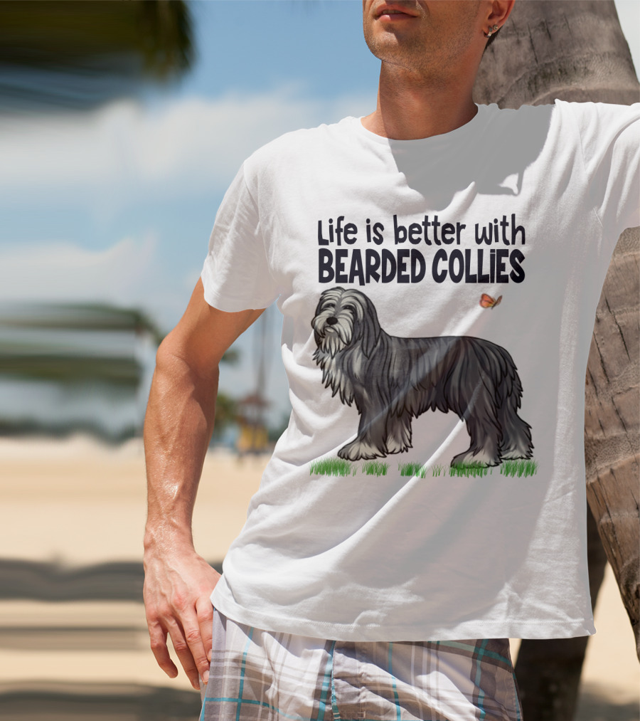 Life Is Better With Bearded Collies Illustration With Butterfly And Grass T-Shirt