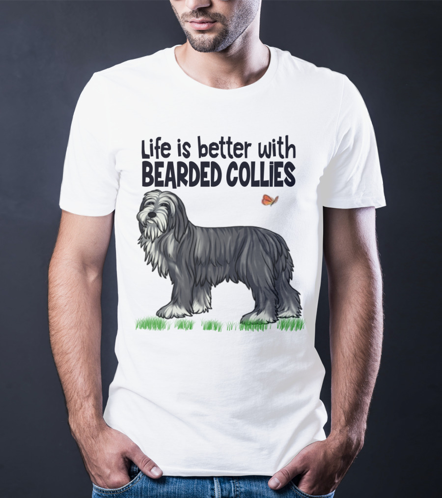 Life Is Better With Bearded Collies Illustration With Butterfly And Grass T-Shirt