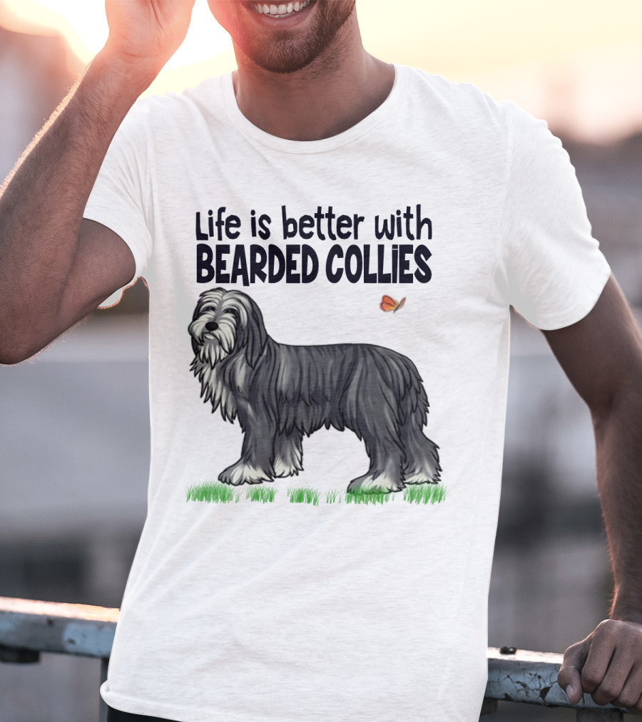 Life Is Better With Bearded Collies Illustration With Butterfly And Grass T-Shirt