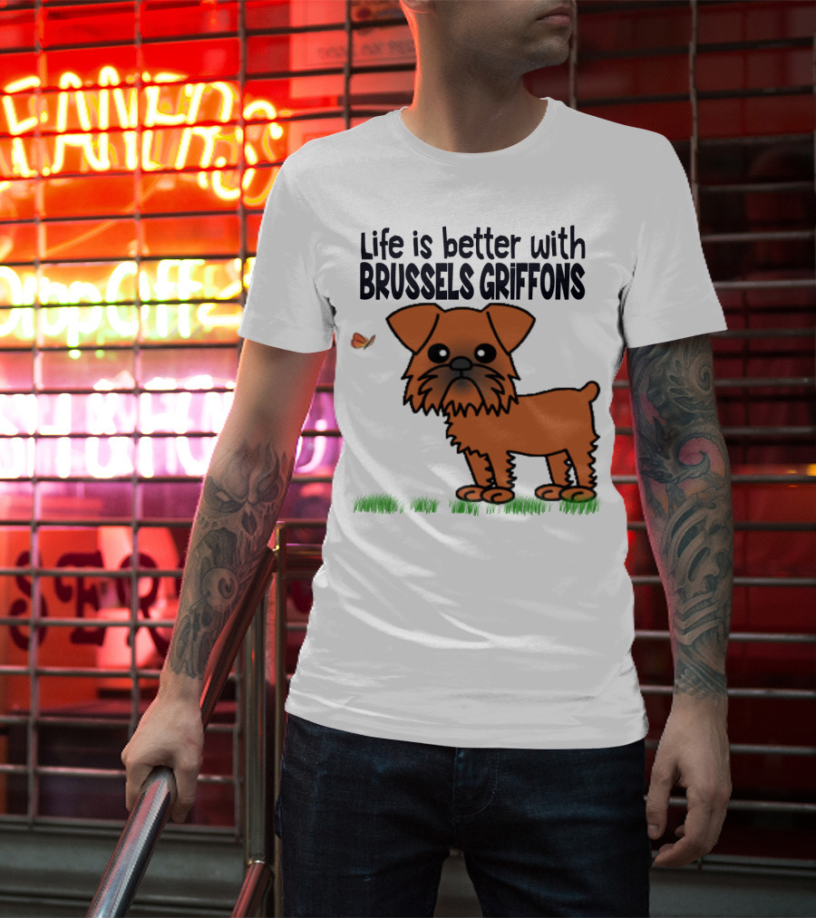 Life Is Better With Brussels Griffons Cartoon Dog And Butterfly T-Shirt