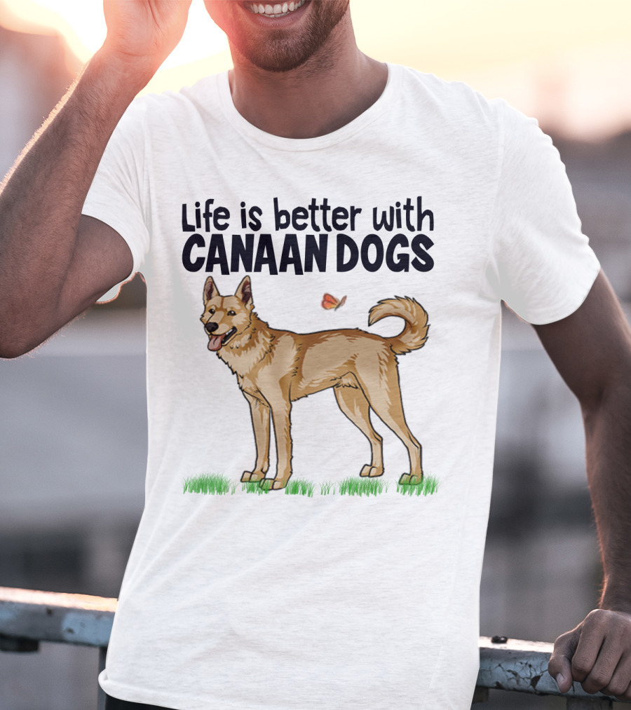 Life Is Better With Canaan Dogs Featuring Butterfly And Grass Details T-Shirt