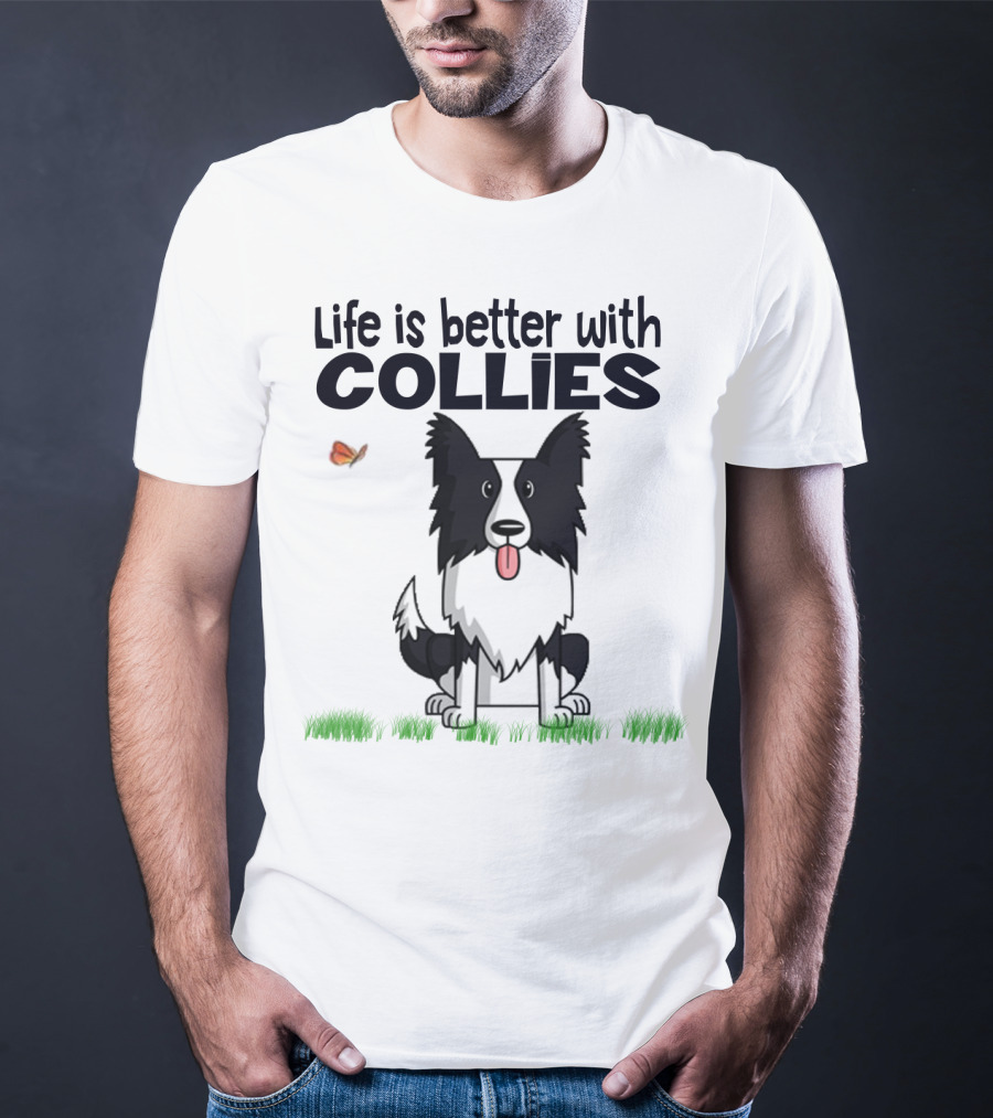 Life Is Better With Collies Cute Border Collie Illustration Butterfly And Grass T-Shirt