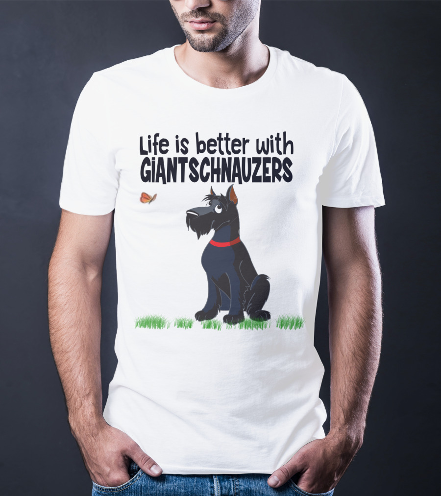 Life Is Better With Giant Schnauzers Playful Cartoon Dog And Butterfly In Grass T-Shirt